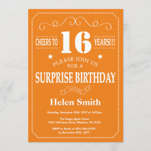Surprise 16th Birthday Invitation Orange and White