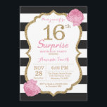 Surprise 16th Birthday Invitation Pink Black Gold<br><div class="desc">Surprise 16th Birthday Invitation. Pink Black and Gold. Gold Glitter. Black and White Stripes. Pink Floral Flower. Kids Birthday. Girl Lady Teen Teenage Birthday Party. For further customisation,  please click the "Customise it" button and use our design tool to modify this template.</div>