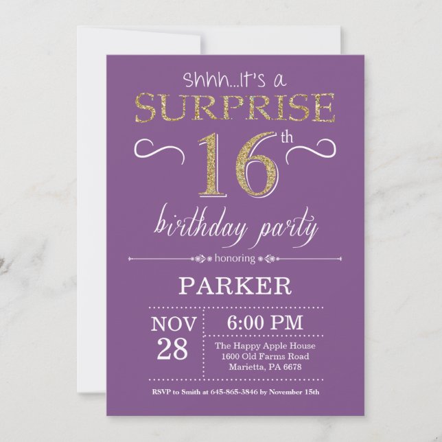 Surprise 16th Birthday Invitation Purple and Gold (Front)