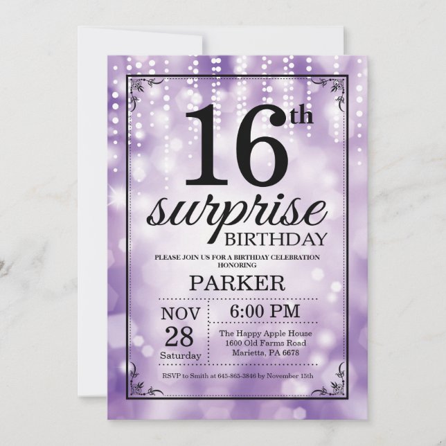 Surprise 16th Birthday Invitation Purple Glitter (Front)