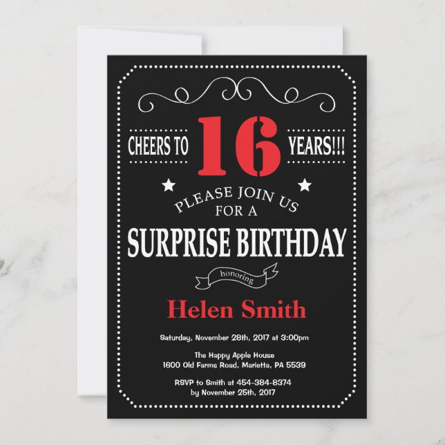 Surprise 16th Birthday Invitation Red and Black (Front)