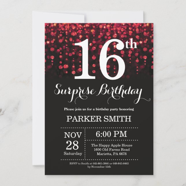 Surprise 16th Birthday Invitation Red Glitter (Front)