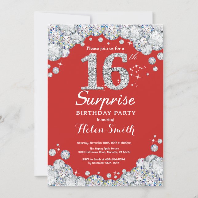 Surprise 16th Birthday Invitation Silver Diamond (Front)