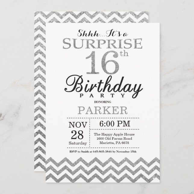 Surprise 16th Birthday Invitation Silver Glitter (Front/Back)