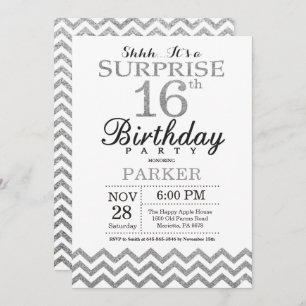 Surprise 16th Birthday Invitation Silver Glitter