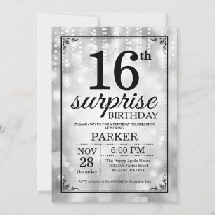 Surprise 16th Birthday Invitation Silver Glitter