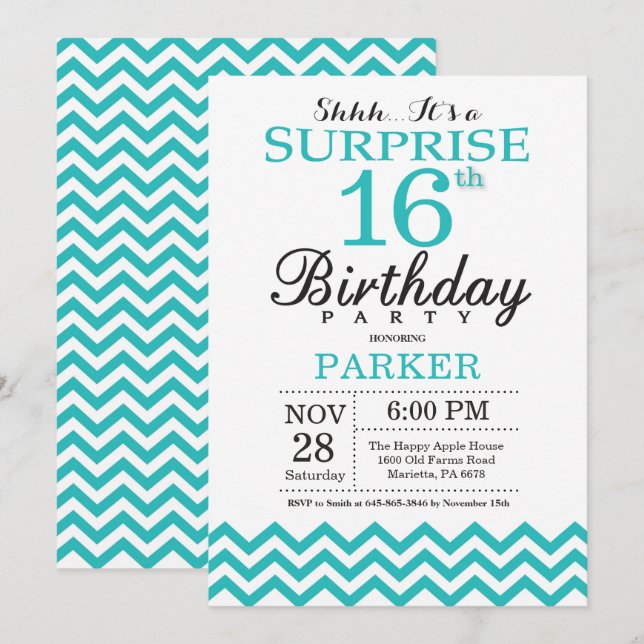 Surprise 16th Birthday Invitation Teal Chevron (Front/Back)