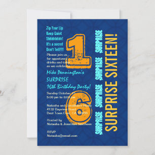 SURPRISE 16th Birthday Modern Blue and Gold W526 Invitation