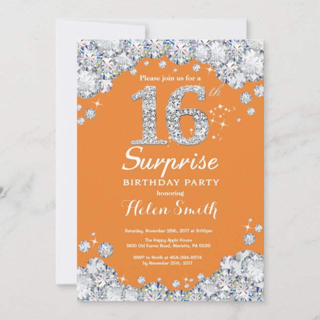 Surprise 16th Birthday Orange and Silver Diamond Invitation (Front)