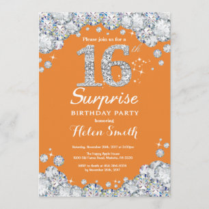 Surprise 16th Birthday Orange and Silver Diamond Invitation