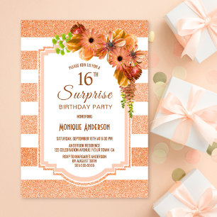 Surprise 16th Birthday Orange Striped Floral Invitation