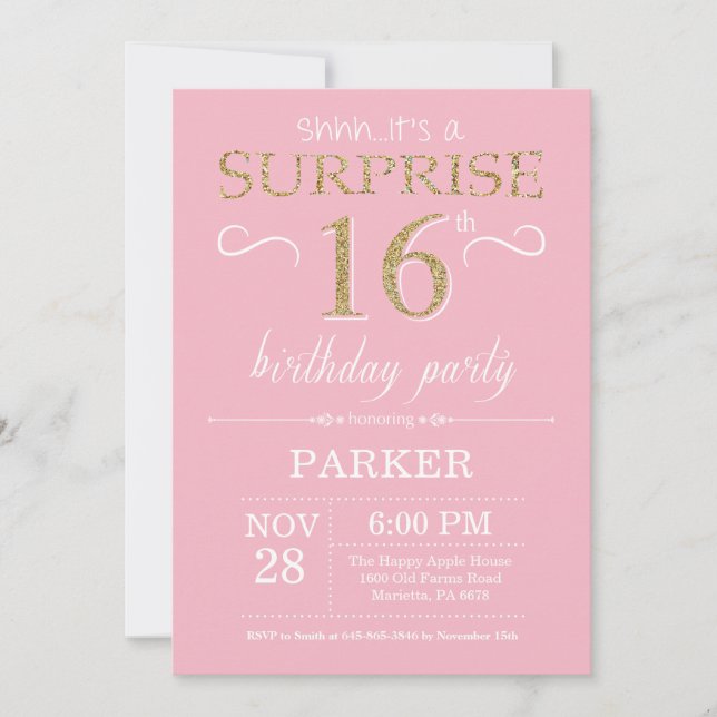 Surprise 16th Birthday Pink and Gold Glitter Invitation (Front)