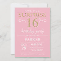 Surprise 16th Birthday Pink and Gold Glitter