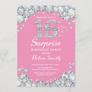 Surprise 16th Birthday Pink and Silver Diamond Invitation