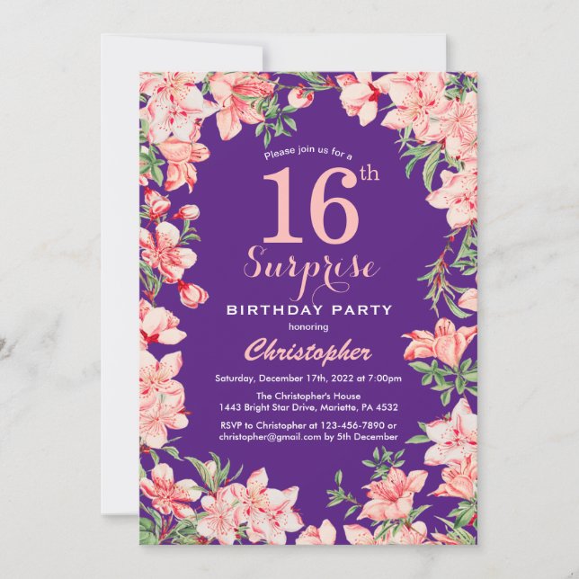 Surprise 16th Birthday Pink Floral Flowers Purple Invitation (Front)