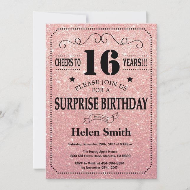 Surprise 16th Birthday Pink Rose Gold Glitter Invitation (Front)
