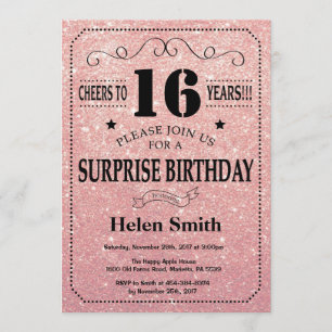 Surprise 16th Birthday Pink Rose Gold Glitter Invitation