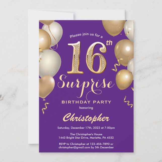 Surprise 16th Birthday Purple and Gold Balloons Invitation (Front)