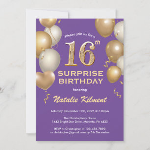 Surprise 16th Birthday Purple and Gold Balloons Invitation