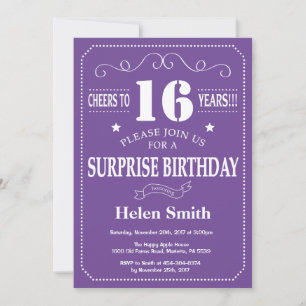 Surprise 16th Birthday Purple and White Invitation