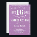 Surprise 16th Birthday Purple and White Invitation<br><div class="desc">Surprise 16th Birthday Invitation Purple and White Typography. Purple Background. Kids Birthday. Male Men or Women Birthday. Kids Boy or Girl Lady Teen Teenage Bday Invite. 13th 15th 16th 18th 20th 21st 30th 40th 50th 60th 70th 80th 90th 100th. Any Age. For further customisation, please click the "Customise it" button...</div>