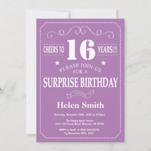 Surprise 16th Birthday Purple and White Invitation