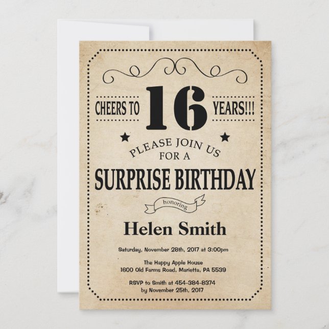 Surprise 16th Birthday Rustic Vintage Retro Invitation (Front)