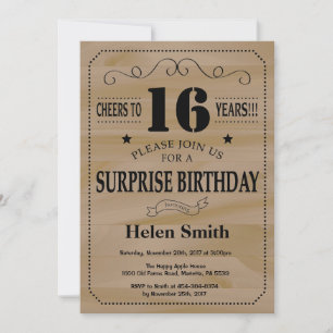 Surprise 16th Birthday Rustic Wood Invitation