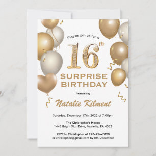 Surprise 16th Birthday White and Gold Balloons Invitation