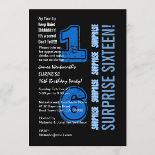 SURPRISE 16th Modern Birthday Blue and Black W523 Invitation