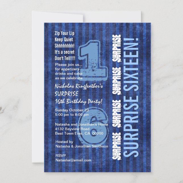 SURPRISE 16th Modern Birthday Blue Stripes W554 Invitation (Front)