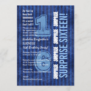 SURPRISE 16th Modern Birthday Blue Stripes W554 Invitation