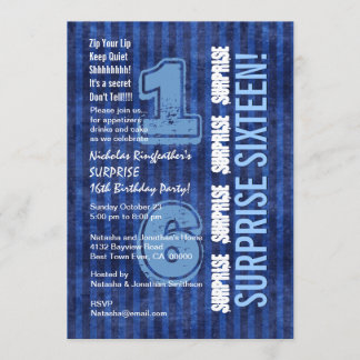 SURPRISE 16th Modern Birthday Blue Stripes W554 Invitation