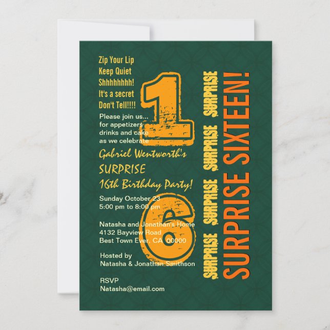 SURPRISE 16th Modern Birthday Green and Gold W527 Invitation (Front)