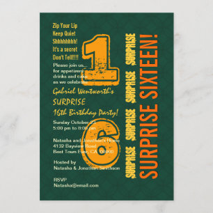 SURPRISE 16th Modern Birthday Green and Gold W527 Invitation
