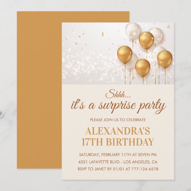 Surprise 17th birthday invitations Gold (Front/Back)