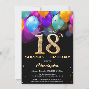 Surprise 18th Birthday Black and Gold Balloons Invitation