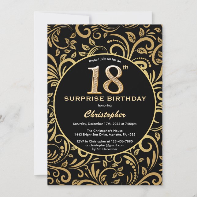 Surprise 18th Birthday Black and Gold Floral Invitation (Front)