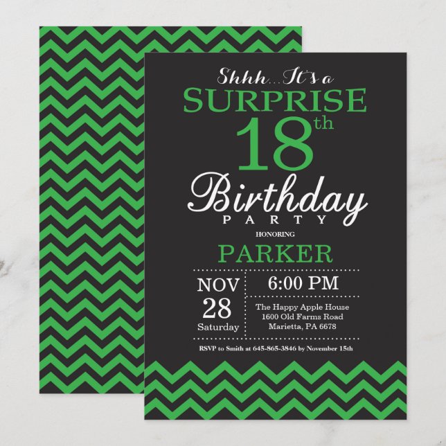 Surprise 18th Birthday Black and Green Chevron Invitation (Front/Back)
