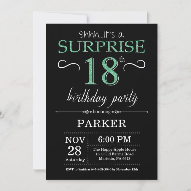 Surprise 18th Birthday Black and Green Glitter Invitation (Front)