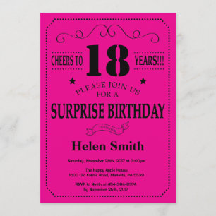 Surprise 18th Birthday Black and Hot Pink Invitation