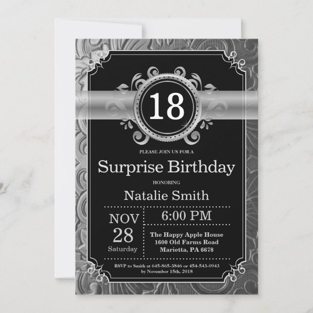 Surprise 18th Birthday Black and Silver Glitter Invitation (Front)