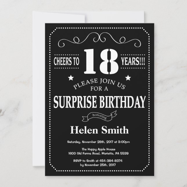 Surprise 18th Birthday Black and White Chalkboard Invitation (Front)