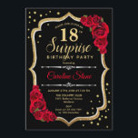 Surprise 18th Birthday - Black Gold Red Invitation<br><div class="desc">Surprise 18th Birthday Invitation.
Feminine black,  red design with faux glitter gold. Features red roses,  script font and confetti. Perfect for an elegant birthday party. Can be personalized to show any age. Message me if you need further customization.</div>