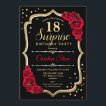 Surprise 18th Birthday - Black Gold Red Invitation<br><div class="desc">Surprise 18th Birthday Invitation.
Feminine black,  red design with faux glitter gold. Features red roses,  script font and confetti. Perfect for an elegant birthday party. Can be personalized to show any age. Message me if you need further customization.</div>