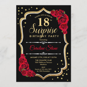 Surprise 18th Birthday - Black Gold Red Invitation