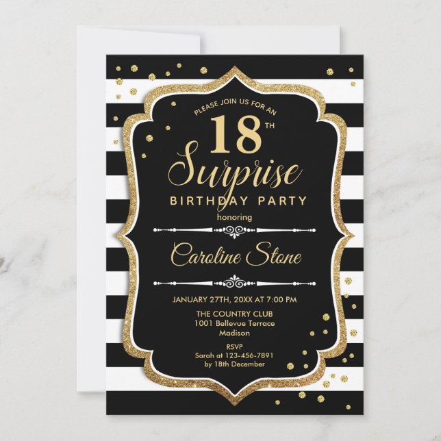 Surprise 18th Birthday - Black White Gold Invitation (Front)