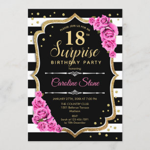 Surprise 18th Birthday - Black White Pink Invitation
