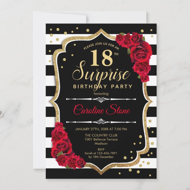 Surprise 18th Birthday - Black White Red Invitation (Front)