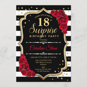 Surprise 18th Birthday - Black White Red Invitation